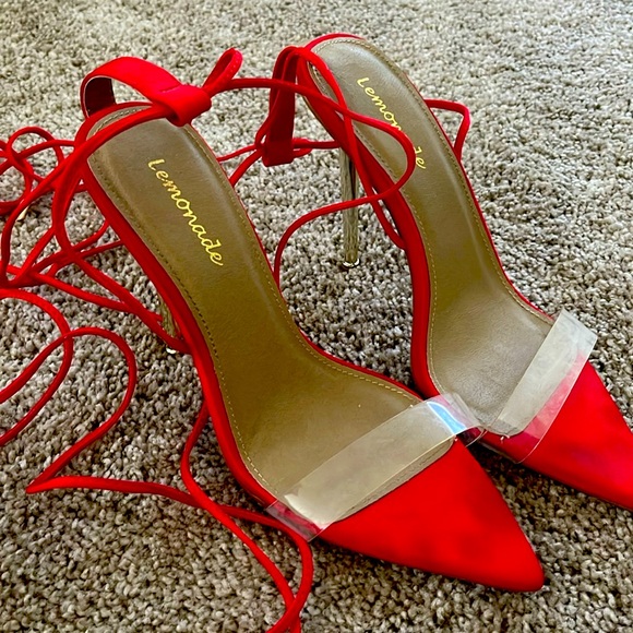 Red lemonade heels with straps and gold heel - Picture 1 of 3